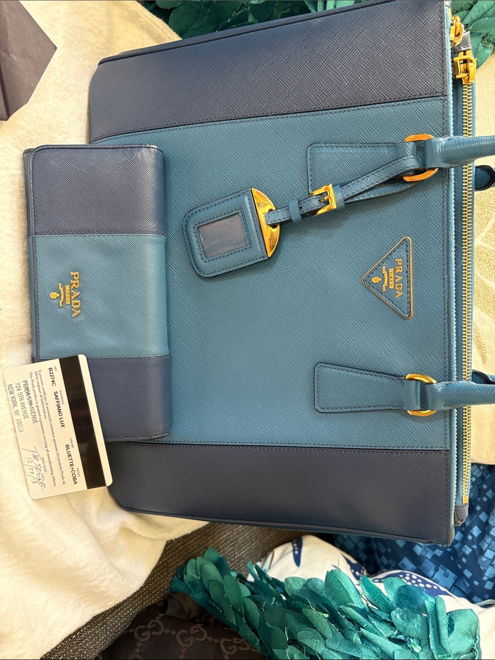 Prada Two-Tone Teal and Navy Saffiano Leather Satchel with Matching Wallet